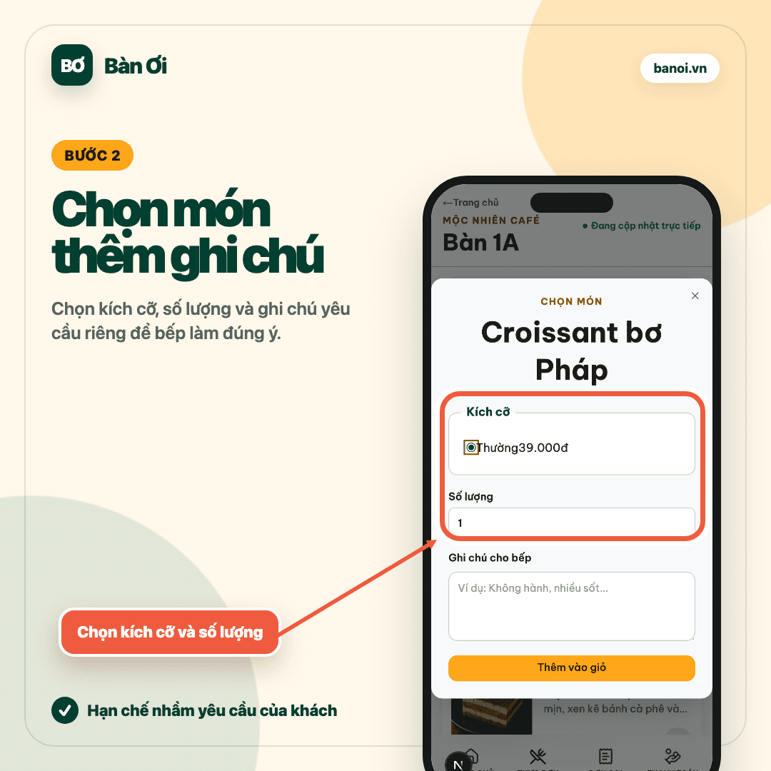 Bước hai chọn món và thêm ghi chú trên Bàn Ơi