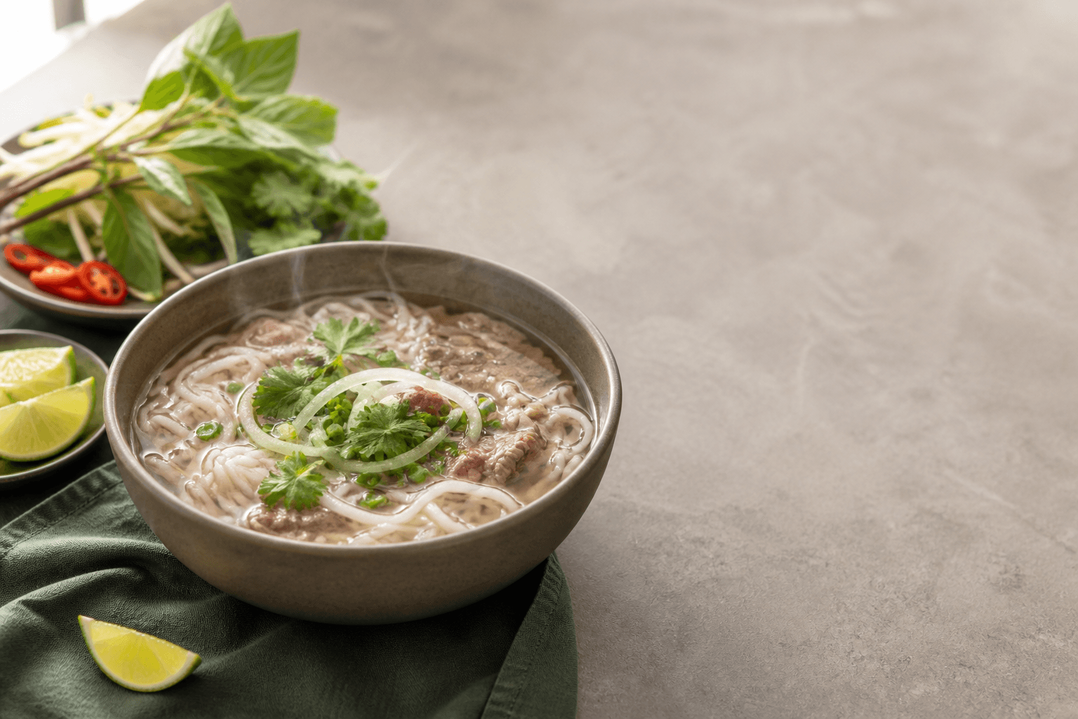 Bát phở bò trong không gian nhà hàng